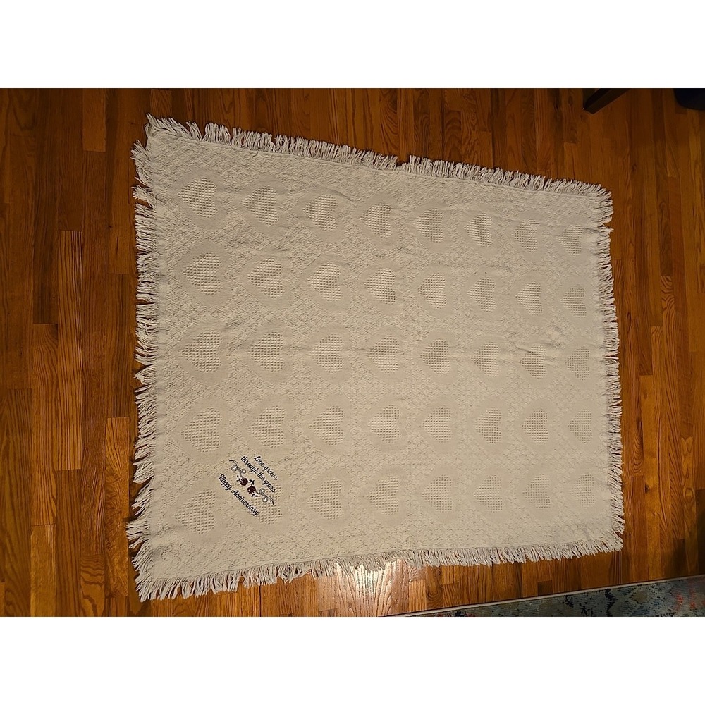 Vtg Heart Fringe Throw Blanket 62x51 Waffle Weave Lap Baby Decor White Anniversa